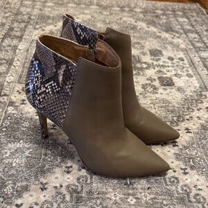 Rowen Olive Leather Pointed Toe Ankle Boots with Snake-Print Heel